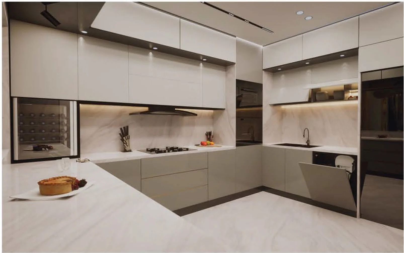 Sculptural dining flow & warm lighting