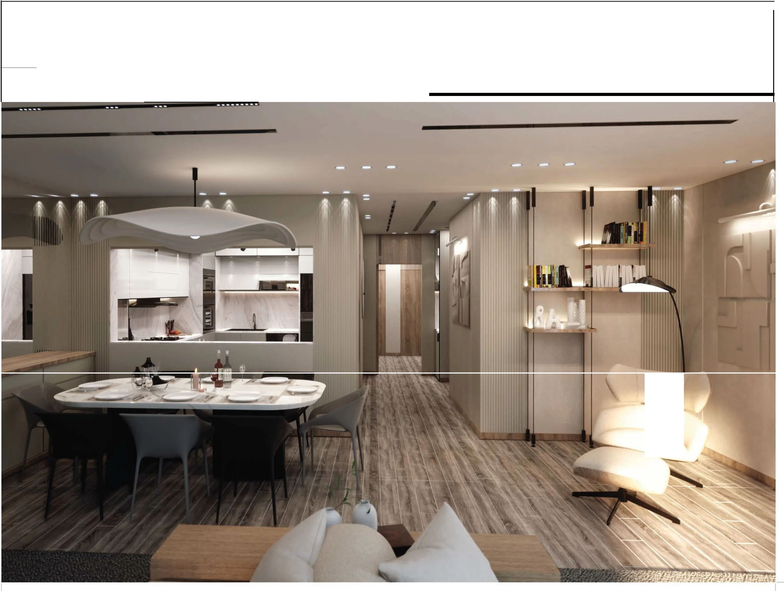Curved furniture and accent ceiling
