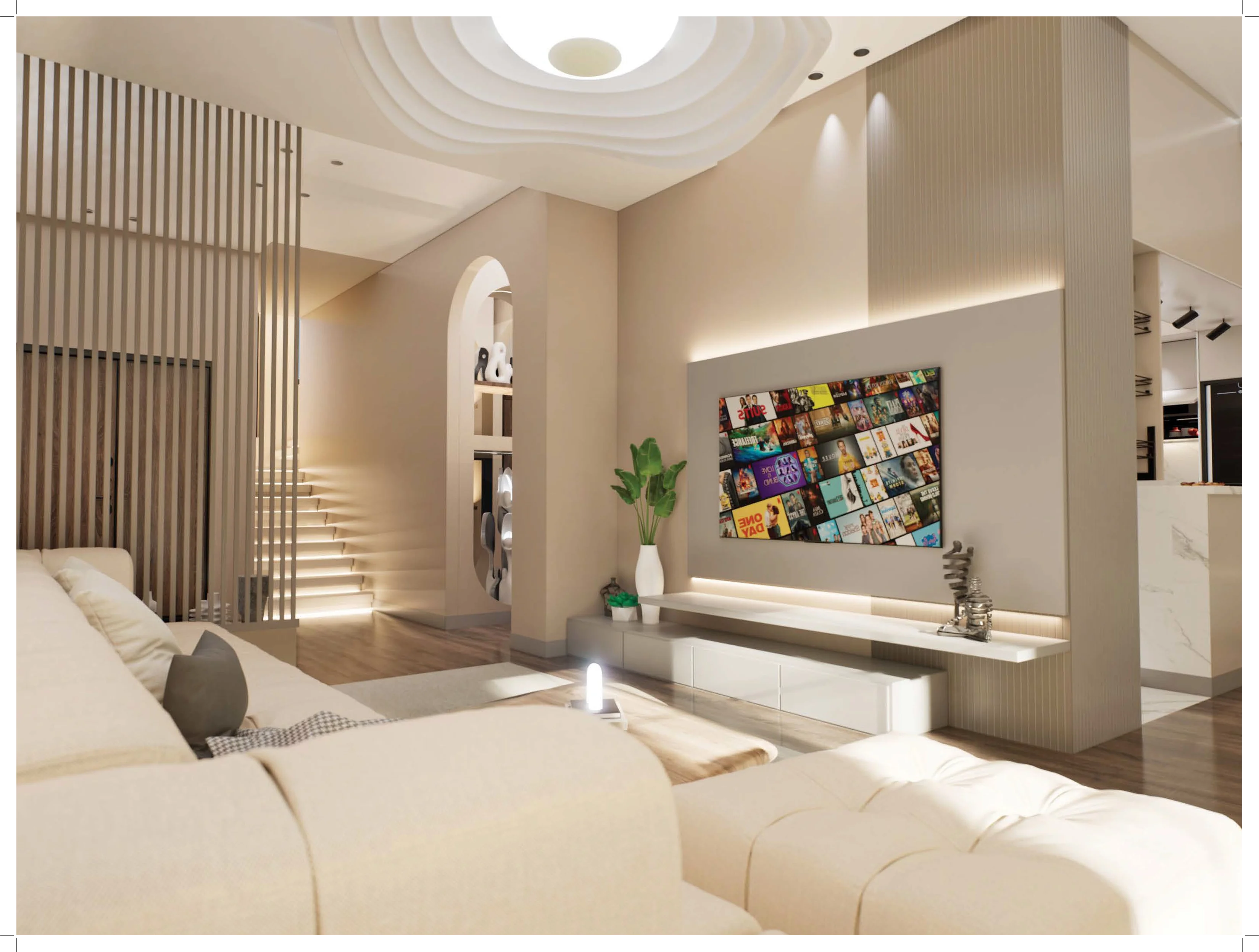 Custom ceiling ripples & TV console layout
